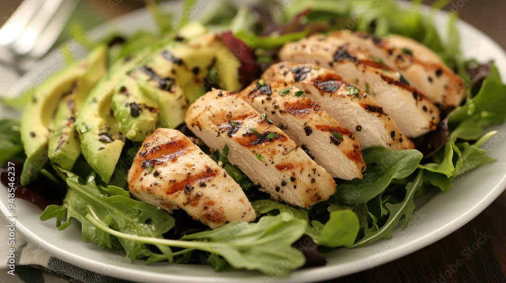 Protein-packed grilled chicken salad with mixed greens and avocado, healthy meal Protein-packed grilled chicken salad with mixed greens and avocado, healthy meal