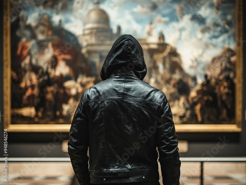 Art theft: Masked thief stands in front of museum's priceless painting photo