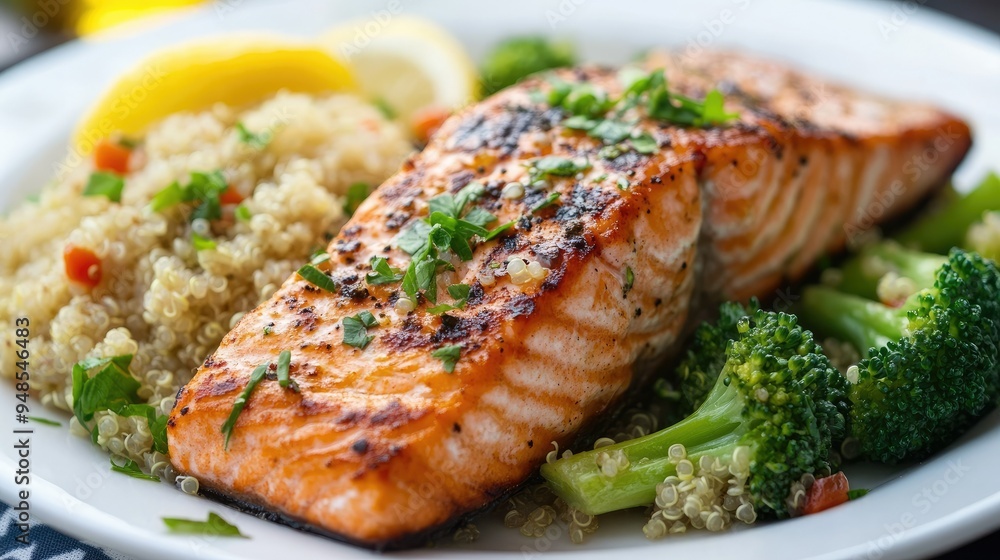 Protein-packed grilled salmon with quinoa and steamed broccoli, healthy meal Protein-packed grilled salmon with quinoa and steamed broccoli, healthy meal