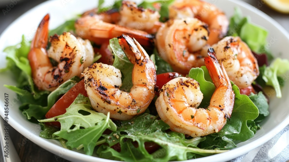 Protein-packed grilled shrimp salad with mixed greens, healthy seafood meal Protein-packed grilled shrimp salad with mixed greens, healthy seafood meal