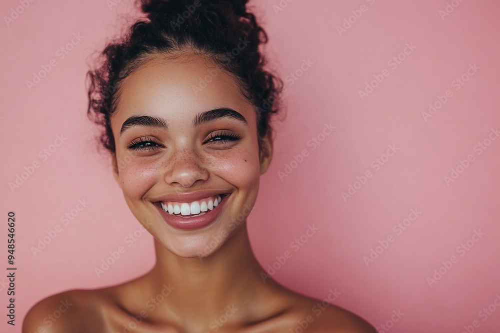A cheerful young woman flashes a bright smile against a pink backdrop, showcasing her clear, radiant skin and natural beauty. Perfect for wellness, skincare, and positivity concepts. generative ai A cheerful young woman flashes a bright smile against a pink backdrop, showcasing her clear, radiant skin and natural beauty. Perfect for wellness, skincare, and positivity concepts. generative ai