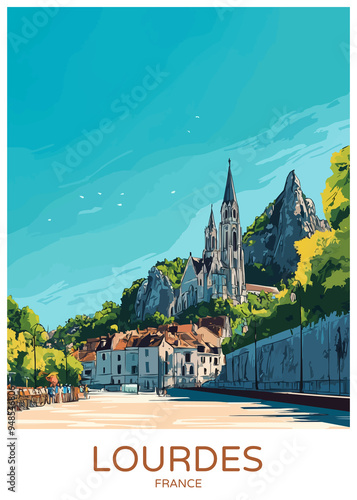 Lourdes France Poster Illustration Travel Print Decor Gift Paper Canvas Wall Retro Art #948546806