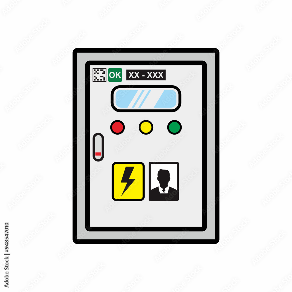 Colorful and isolated electrical panel box with hazard icon and attached in charge person information. Vector illustration of a facility for industry and construction work.