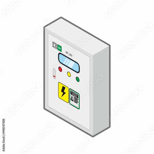 Isometric and 3d view of electric distribution board box panel vector illustration.
