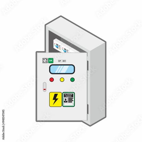 Isometric door opened electrical panel box vector illustration.