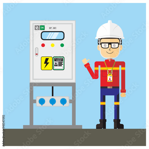 Electrician conduct inspection for temporary electrical panel distribution board. Safety checking activity vector illustration.