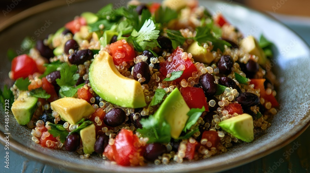 Protein-packed quinoa and black bean salad with avocado, healthy plant-based meal Protein-packed quinoa and black bean salad with avocado, healthy plant-based meal