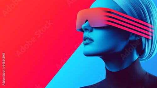 A futuristic portrait of a woman wearing stylish neon sunglasses, set against a vibrant colorful background.