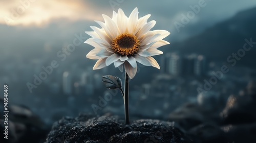 A stunning white flower stands resiliently on a rocky surface, set against a moody urban backdrop at sunset.