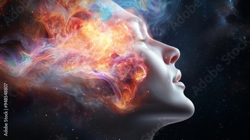 A surreal portrait depicting the fusion of human emotions and cosmic elements, illustrating the beauty of imagination and creativity.