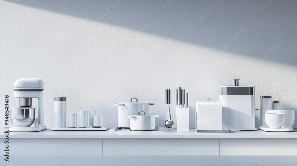 High-tech 3D kitchen equipment set against a minimalist background, showcasing the latest in culinary innovation High-tech 3D kitchen equipment set against a minimalist background, showcasing the latest in culinary innovation