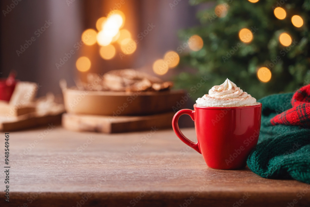 Fototapeta premium A cup of cocoa, hot chocolate or coffee with whipped cream on a wooden table with red knitted plaid in front of a Christmas tree. Merry Christmas or New Year concept for banner with copy space. 