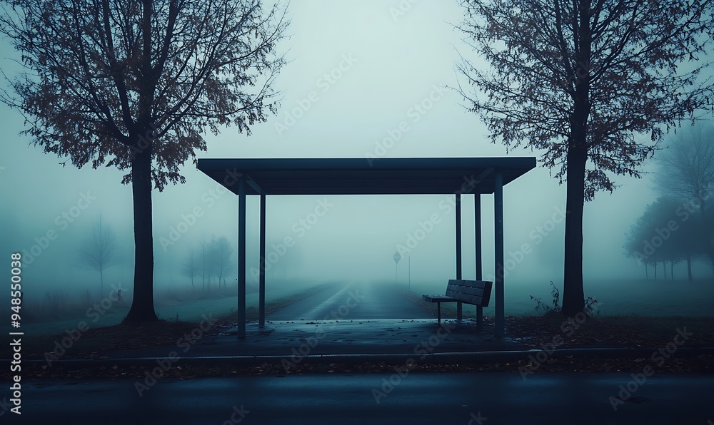 Misty Morning at Deserted Bus Stop with Ghostly Shelter and Eerie Mood, Photo Realistic Misty Morning at Deserted Bus Stop with Ghostly Shelter and Eerie Mood, Photo Realistic