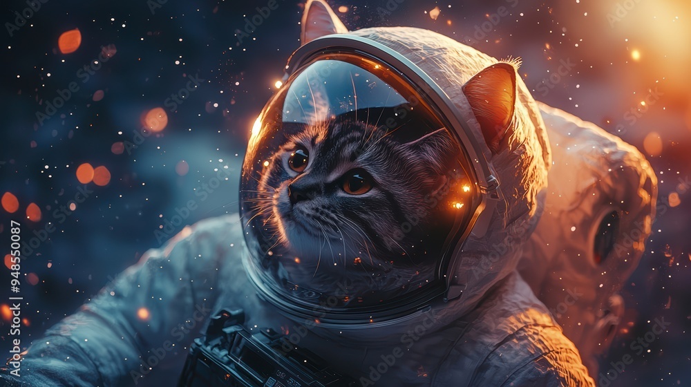 An astronaut cat hovers around the moon with lights on his helmet and a cute expression on his face An astronaut cat hovers around the moon with lights on his helmet and a cute expression on his face