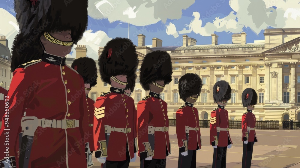 Obraz premium A row of soldiers in red uniforms and black bearskin hats stand at attention in front of a large building.