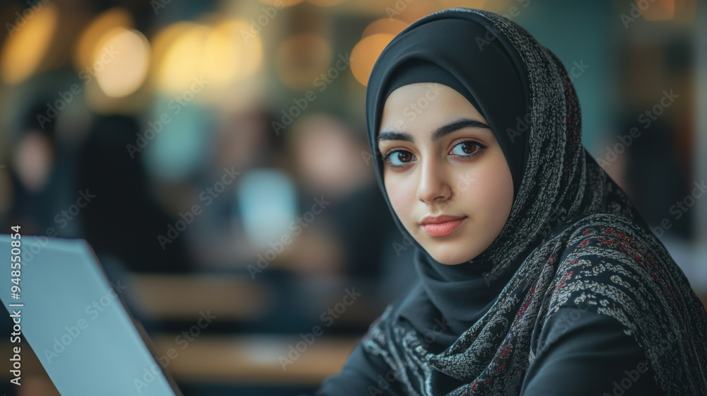 Muslim female student wearing a hijab, preparing for her exams with a serious and Muslim female student wearing a hijab, preparing for her exams with a serious and