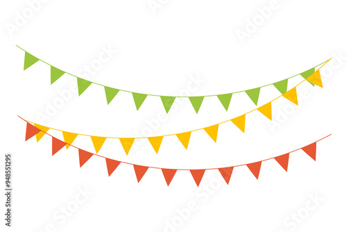 Colorful triangular flag decoration with rope. Flags for festive celebration events. Vector illustration