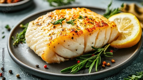 Protein-rich baked cod fillet with herbs and lemon, served on a plate, healthy seafood dish