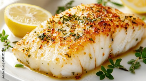 Protein-rich baked cod fillet with herbs and lemon, served on a white plate