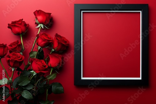 A black picture frame next to a bouquet of red roses on a vibrant red background. Perfect for romantic, wedding, or decoration concepts.