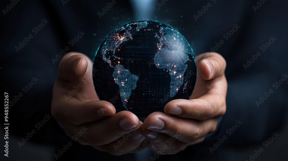 A person holding a glowing globe, symbolizing global connection and innovation, against a dark background. A person holding a glowing globe, symbolizing global connection and innovation, against a dark background.