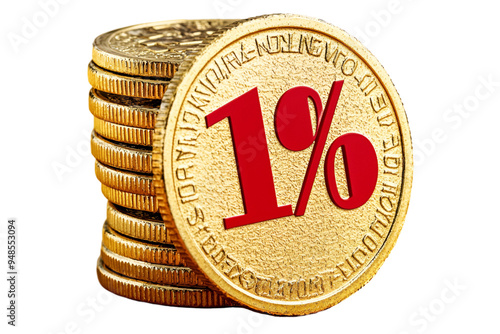 A stack of golden coins featuring a prominent '1%' symbol, representing finance, investment, and wealth. Isolated on transparent or white background. photo