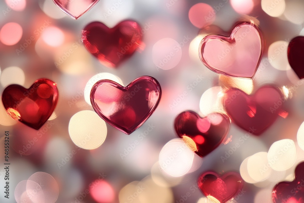 Colorful glass hearts suspended in air, creating a romantic atmosphere ideal for celebrations and love-themed events Colorful glass hearts suspended in air, creating a romantic atmosphere ideal for celebrations and love-themed events