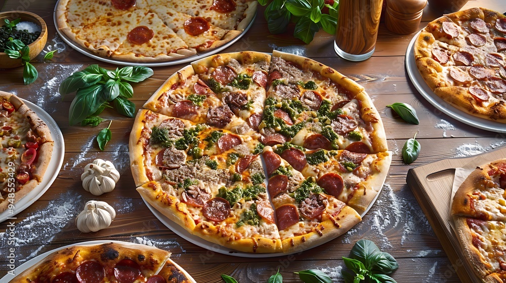 Delicious Pepperoni and Pesto Pizza with Fresh Basil Delicious Pepperoni and Pesto Pizza with Fresh Basil
