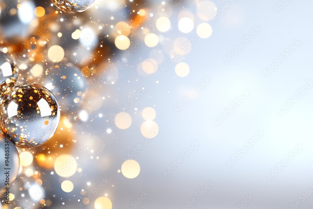 Decorative metallic orbs and glowing bokeh lights create a festive atmosphere for celebrations or events during winter or holiday season Decorative metallic orbs and glowing bokeh lights create a festive atmosphere for celebrations or events during winter or holiday season