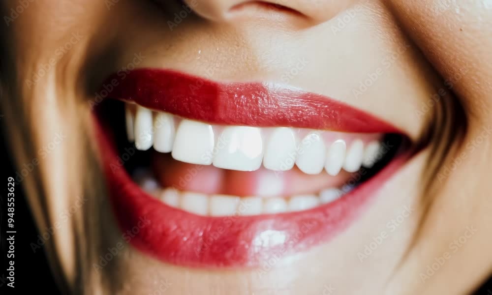 A close-up of a young woman smiling with red lipstick and bright white teeth