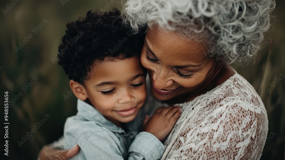A touching photograph of a grandmother gently holding her young grandson in an open field, highlighting their endearing relationship, showcased against a blurry nature background. A touching photograph of a grandmother gently holding her young grandson in an open field, highlighting their endearing relationship, showcased against a blurry nature background.