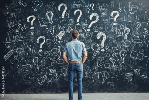 A man stands in front of a blackboard with question marks and scribbles, trying to figure out the details of his business plan Generative AI photo