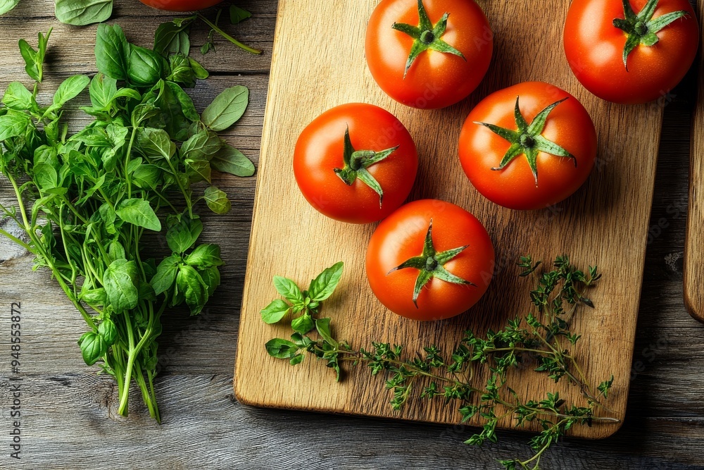 Fresh tomatoes and aromatic herbs on a wooden cutting board, ready for cooking delicious meals with natural, healthy ingredients. Fresh tomatoes and aromatic herbs on a wooden cutting board, ready for cooking delicious meals with natural, healthy ingredients.