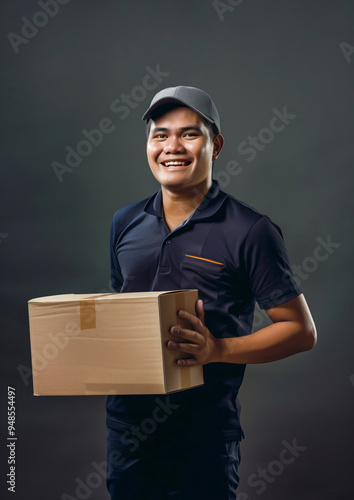 Portrait of Latino courier in uniform holding a box and smiling against grey studio background photo