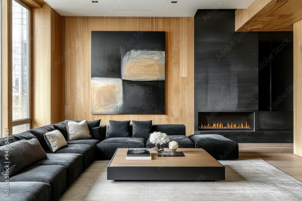 Fototapeta premium modern living room, minimalist design, black sectional sofa, wooden panel wall, large abstract painting, cozy ambiance, natural light, contemporary decor, soft cushions, fireplace with clean lines, sl