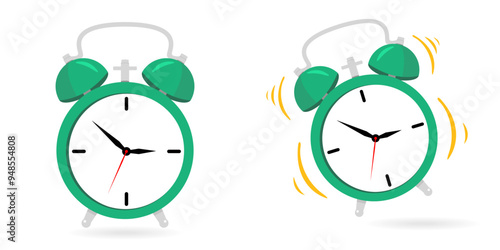 Green Clip art Cartoon alarm clock ringing isolated on white background. Vector illustration