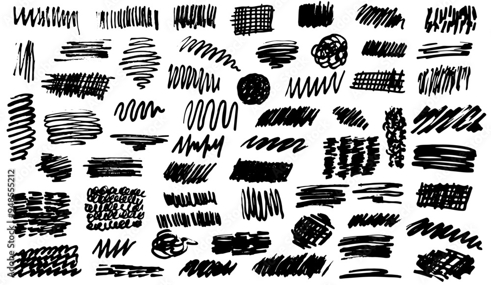 Set of different brush stroke texture. Marker drawing, grunge doodles, charcoal scribbles, brush strokes. Abstract shapes and curves set. Hand drawn pen doodles. Dirty graphic texture brushes. Set of different brush stroke texture. Marker drawing, grunge doodles, charcoal scribbles, brush strokes. Abstract shapes and curves set. Hand drawn pen doodles. Dirty graphic texture brushes.