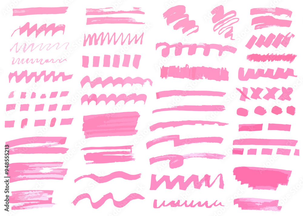 Set of pink marker texture. Grunge marker highlight underline strokes. Brush hand drawn vector highlighter stripe, line, stroke, wavy element. Markers brushes underline for emphasis, text highlighting Set of pink marker texture. Grunge marker highlight underline strokes. Brush hand drawn vector highlighter stripe, line, stroke, wavy element. Markers brushes underline for emphasis, text highlighting