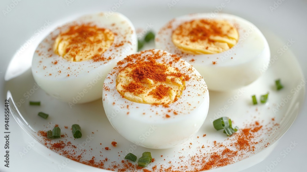 Protein-rich hard-boiled eggs with a sprinkle of paprika, served on a white plate Protein-rich hard-boiled eggs with a sprinkle of paprika, served on a white plate