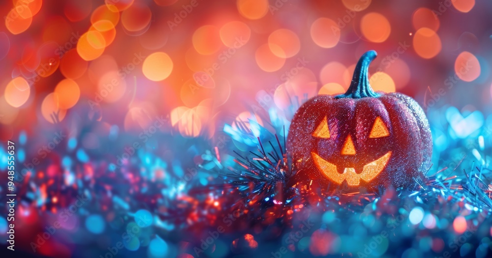 Naklejka premium A glittery pumpkin with a carved face glows with vibrant bokeh lights, capturing the essence of Halloween festivity.