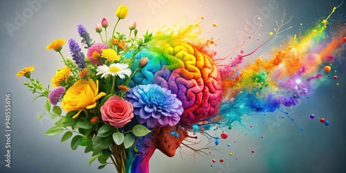 Fototapeta Naklejka Na Ścianę i Meble -  Colorful rainbow paint splashing from a human brain with flowers growing