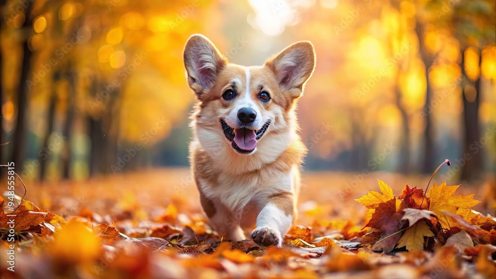 A corgi puppy with a big smile running through an autumn park, kicking up leaves with each step A corgi puppy with a big smile running through an autumn park, kicking up leaves with each step