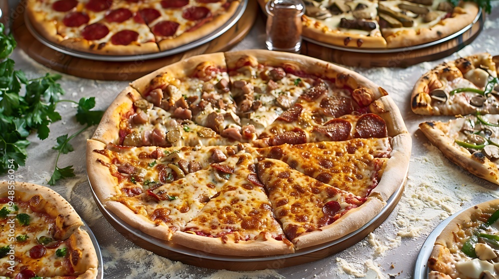 Variety Pizza with Pepperoni, Mushrooms, and Chicken Variety Pizza with Pepperoni, Mushrooms, and Chicken