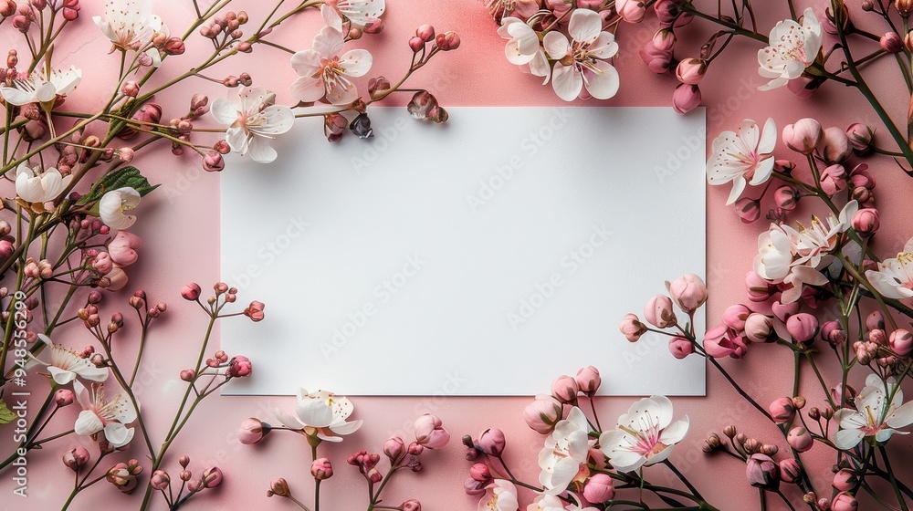 Elegant overhead view of blank white stationery card surrounded by delicate flowers Elegant overhead view of blank white stationery card surrounded by delicate flowers