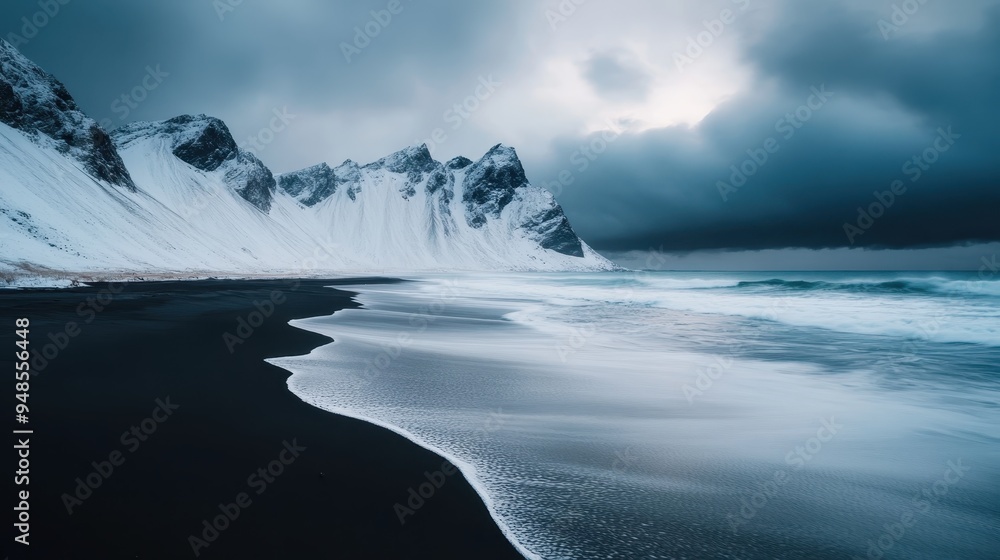 This serene landscape captures snowy mountains, dark clouds, and calm ocean waves in the foreground, creating a tranquil yet dramatic scenery.