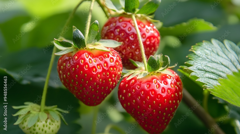 23. **A close-up of ripe strawberries on the vine in a garden. 23. **A close-up of ripe strawberries on the vine in a garden.