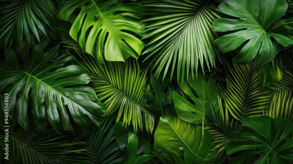 Lush palm leaves arranged artistically, filling the frame with rich green hues. Lush palm leaves arranged artistically, filling the frame with rich green hues.
