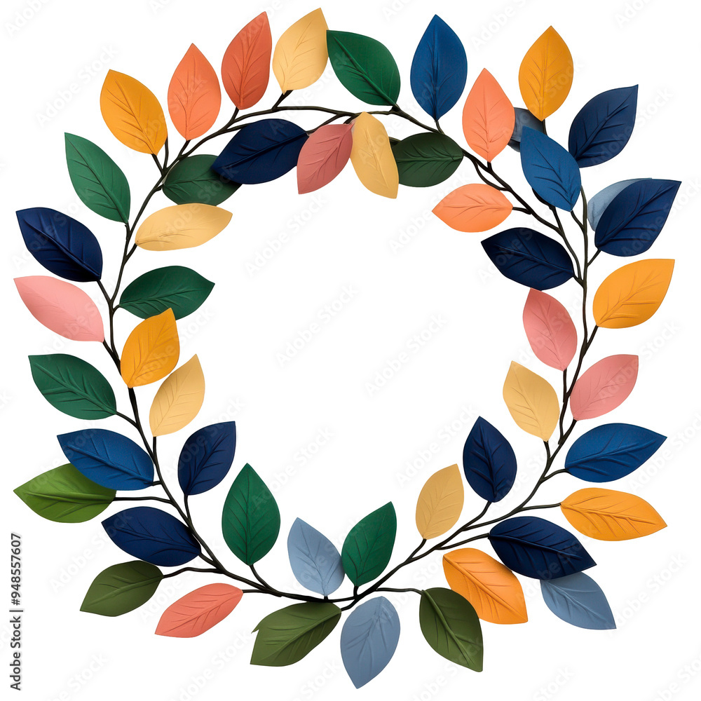 A wreath made of colorful leaves is displayed on a white background A wreath made of colorful leaves is displayed on a white background