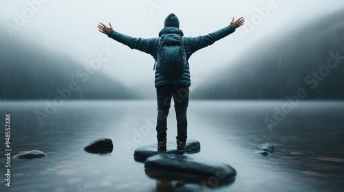 A person dressed in a blue jacket stands triumphantly on rocks in a lake, open arms embracing the serene surroundings of misty mountains, radiating freedom and joy. photo