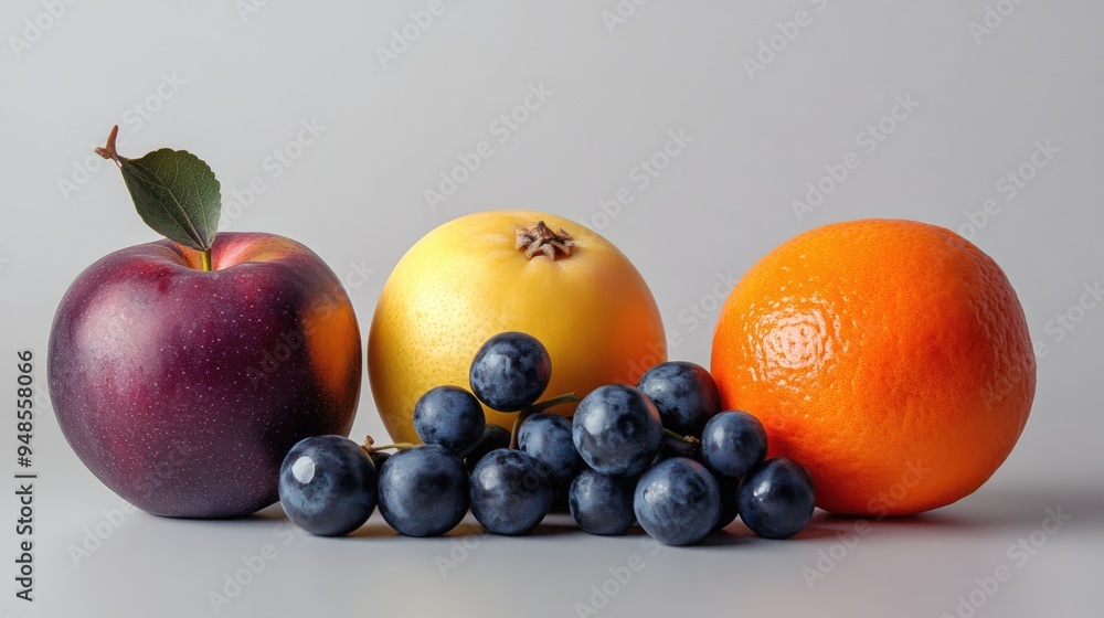 Purple Apple, Yellow Pear, Orange, and Blue Grapes on a Grey Background Purple Apple, Yellow Pear, Orange, and Blue Grapes on a Grey Background